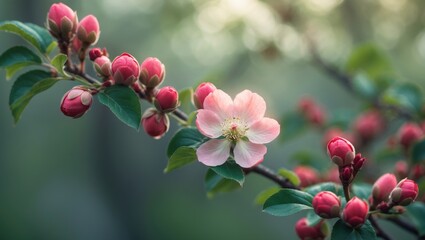 Detailed view of pink flower and red apple blossom buds in the morning, with a blurred leafy background, showcasing selective focus and shallow depth of field
