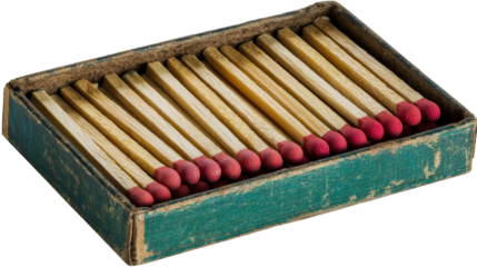 A vintage green box contains matches with striking red tips