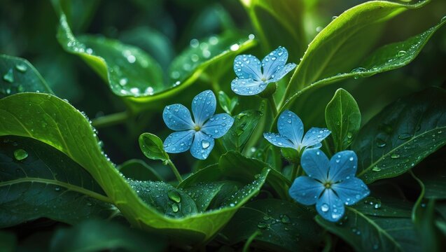 Beautiful blue flowers of the dogbane family blooming among fresh greenery and delicate branches in a natural environment