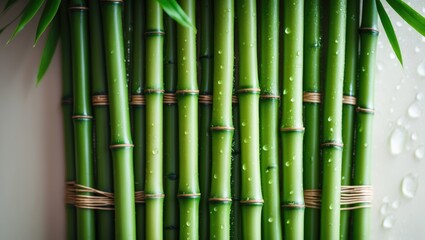 Obraz premium Vivid green bamboo stems with water droplets as backdrop