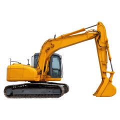 Heavy-duty yellow excavator machine for construction and earth moving tasks, isolated on transparent background.