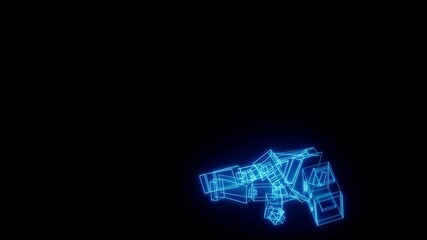 Futuristic hologram robot collapses from the right as if hit or powered down. Ideal for dramatic defeats, side impacts, and narrative sequences in sci-fi, AR/VR, or digital interfaces.