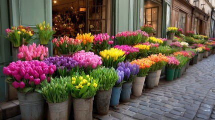 A 4K photo of colorful tulips flowers in pots on the street in front of a store.