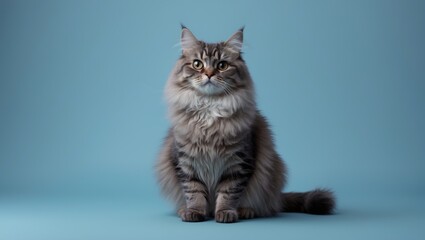 Beautiful young feline with long whiskers and asymmetric markings, front view on multicolored backdrop.