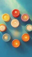 Colorful lit candles arranged in a decorative pattern