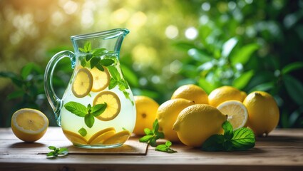 Preparation of lemonade. Jug containing lemonade with lemons and mint on the tabletop