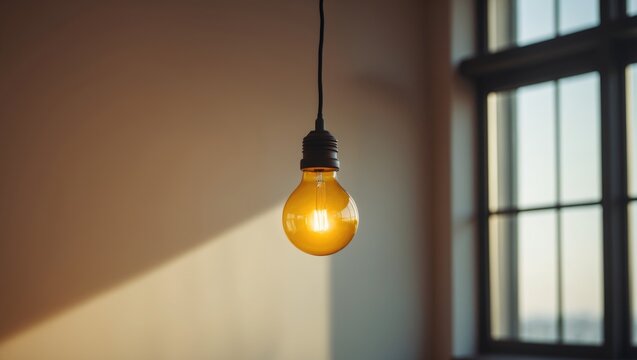 A bright yellow light bulb dangling from the ceiling.
