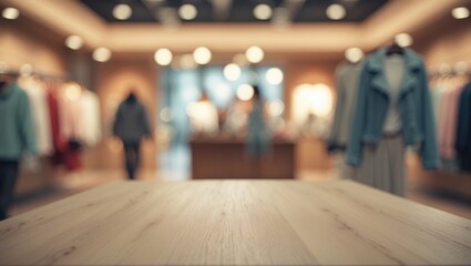 Naklejka premium Wooden desk with out-of-focus clothing store interior in the background