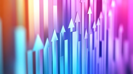 A creative D bar graph design featuring bars shaped like arrows, pointing upward against a gradient background, symbolizing growth and positive financial trends.