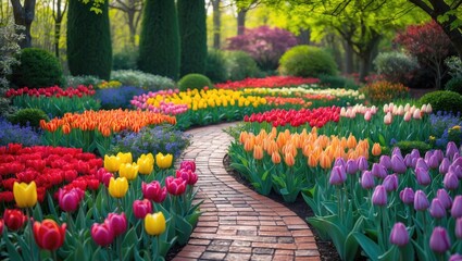 Charming panorama of a tulip garden. Beautiful ornamental landscape design.