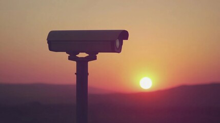 A creative shot of a CCTV camera mounted on a pole against a sunset backdrop, with warm colors contrasting the sleek design of the camera.
