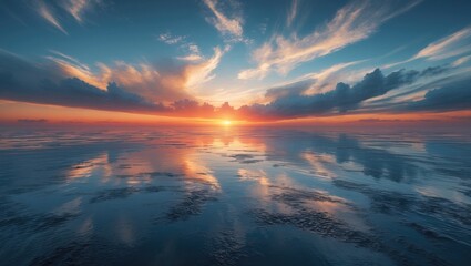 Fototapeta premium Sunrise view of a road with asphalt pavement, clouds in the sky, and surrounding natural landscape