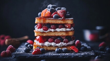 A creative shot of honey toast with layers of cream cheese and fresh fruit, beautifully arranged on a slate plate for an elegant dessert presentation.