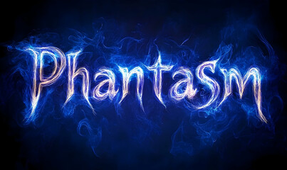 Ethereal smoky lettering spelling "Phantasm" in stylized font against dark blue backdrop