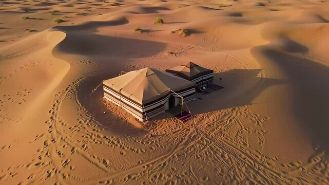 Traditional desert tents set up in the Arabian sand dunes