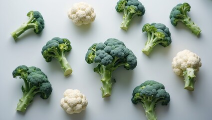 Broccoli and cauliflower falling through the air, isolated on a backdrop.