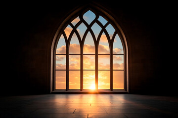 Fototapeta premium A sunset view through a gothic-style arched window, framing a sky with dramatic clouds and warm ambient light 