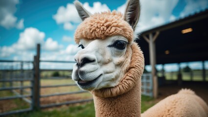 Obraz premium Furry alpaca face and neck in countryside setting