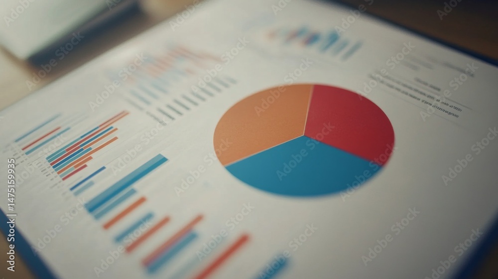 Poster a detailed close-up of a pie chart and line graph combination on a printed report, emphasizing busin