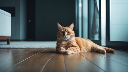 Cat with a sinister expression sprawled out on the ground.