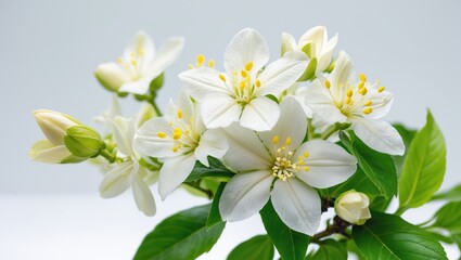 Obraz premium Graceful jasmine blooms with surrounding leaves in the background