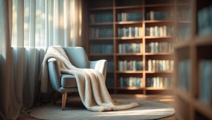 Elegant and inviting reading area with a soft blanket, cozy chair, and well-arranged shelves, creating a tranquil atmosphere.