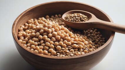 Obraz premium Legume chickpeas in a wooden bowl with a matching spoon