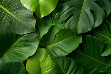 Vibrant tropical foliage with overlapping monstera and banana leaves, highlighted by scattered rays of sunlight through the jungle canopy