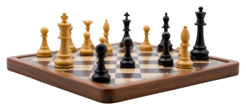 Realistic chess board with wooden chess pieces in mid game position showing strategy and competition