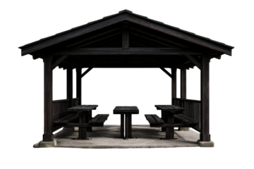 Structural design of a wooden pavilion with picnic tables