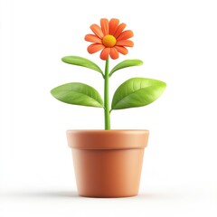 Vibrant orange flower in terracotta pot against white background.