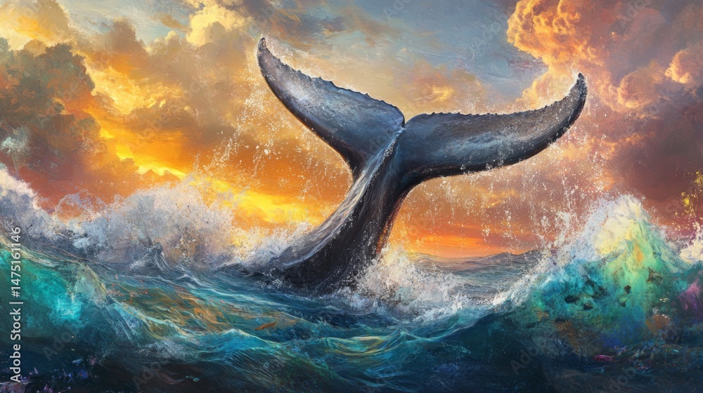 Aufkleber A dramatic image of a whale tail slapping the waters surface, creating large splashes and ripples in the ocean, with a lively marine backdrop.
