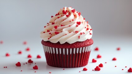 Closeup of a red cupcake with jelly and white cream, set against a simple background.
