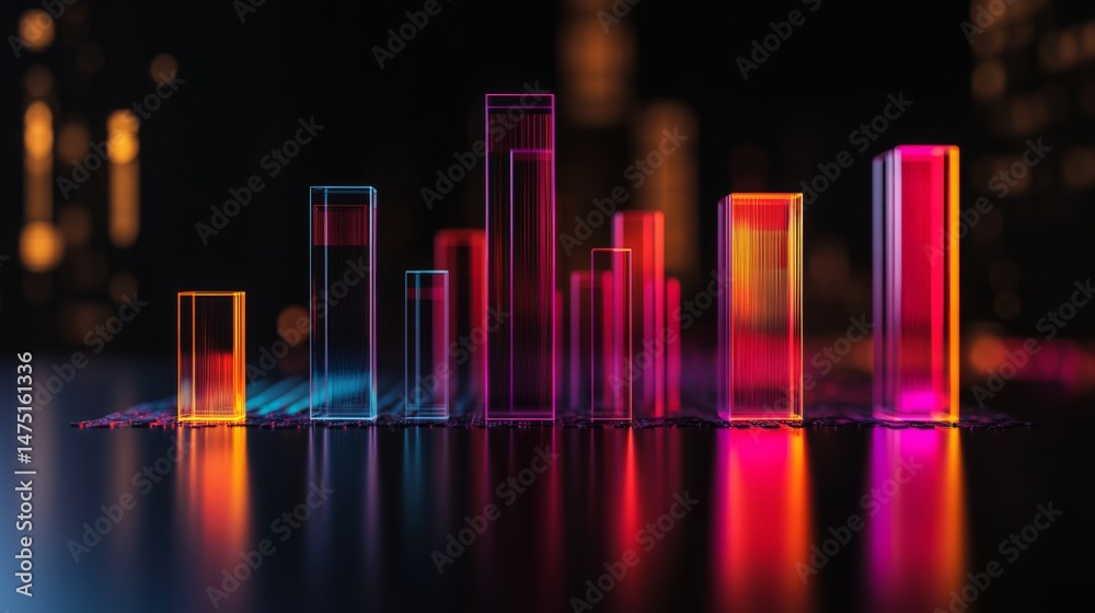 Poster a dynamic d bar chart showcasing fluctuating financial data, featuring glossy bars in different colo