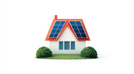 A modern house with solar panels on the roof set against a clear background, symbolizing eco-friendly living.