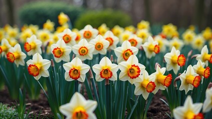 Flower bed of daffodils and narcissus with vibrant yellow and red blooms in spring sunshine