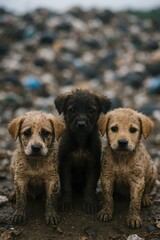 Three dirty puppies standing close together in front of a background of litter and trash. Concept Puppies in Need, Urban Environment, Animal Welfare, Rescue Efforts, Love and Care
