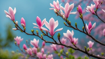 Budded magnolia tree branches with pink flowers set against a sky background