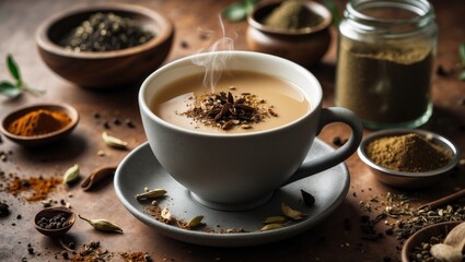 White Mug Containing Masala Chai with an Assortment of Spices