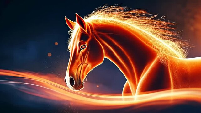On a dark blue background, fiery lines draw the silhouette of a fiery horse as a symbol of 2026