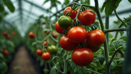 Obraz premium Harvested cherry tomatoes on a plant in a greenhouse environment