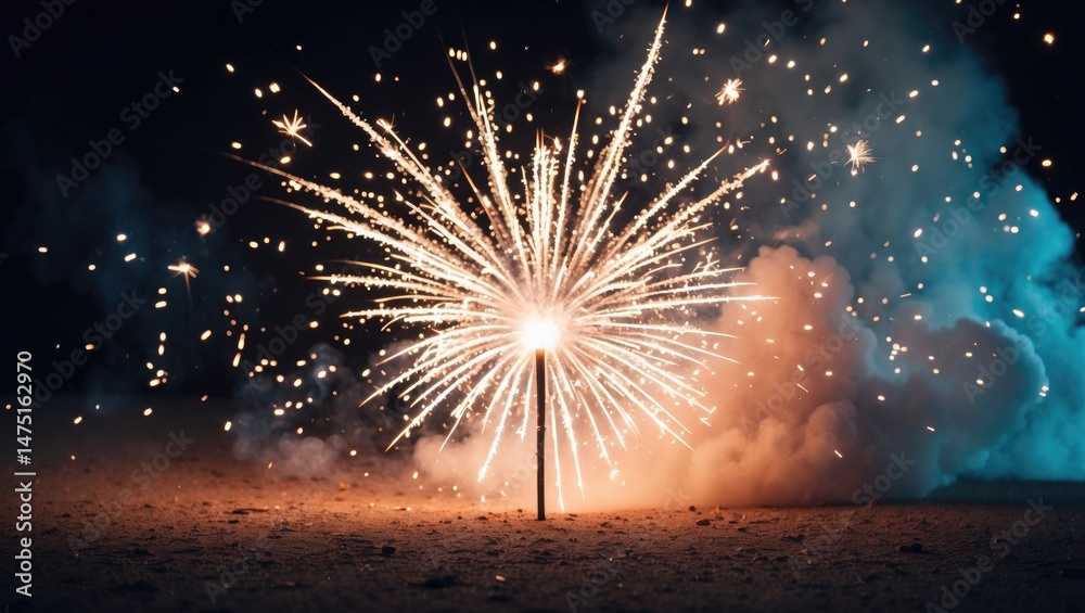 Poster ground-level fireworks send bright sparks and smoke into the night sky, creating a festive glow.