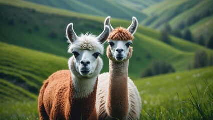 Obraz premium Exotic llama with woolly face peeks from behind another in a verdant grassland.