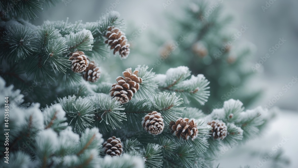 Poster snowy landscape with pine cones and trees