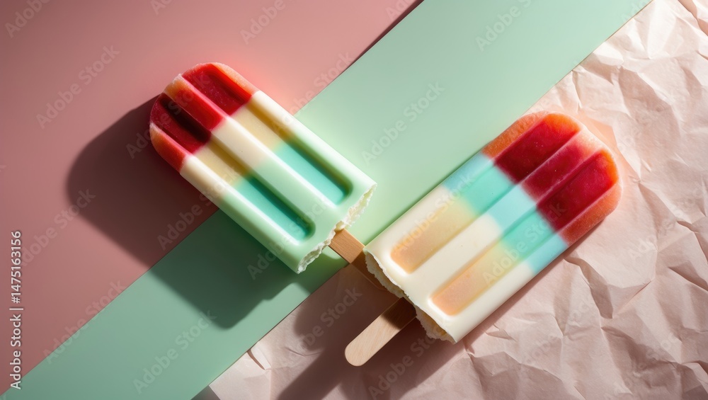 Poster ice cream popsicles in soft pastel tones arranged on a paper background. minimal summer design.