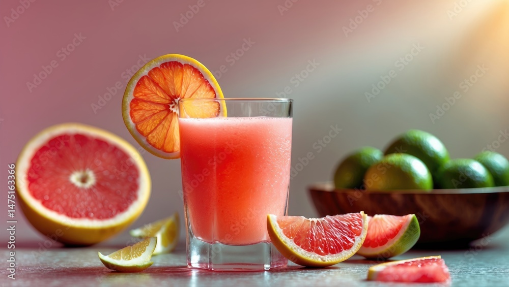 Poster a glass of juice made from fresh ingredients with slices included.