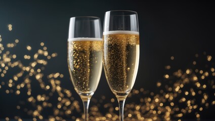 Celebratory toast featuring two champagne glasses on a festive banner backdrop