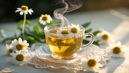 Close-up of chamomile tea in a clear cup surrounded by flowers
