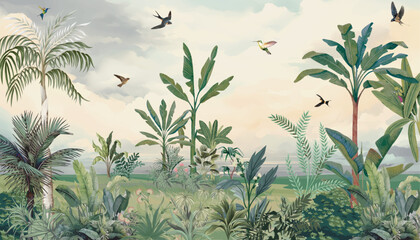 Tropical Garden Wall Mural,Sukoon Luxury Wallpapers for Premium Homes, Watercolor Background