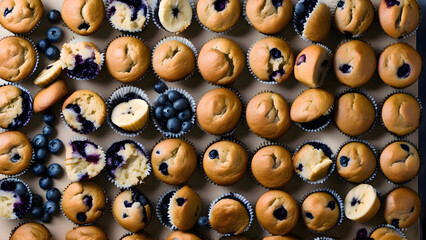 Obraz premium Blueberry muffins topped with bananas and blueberries placed on a rustic surface